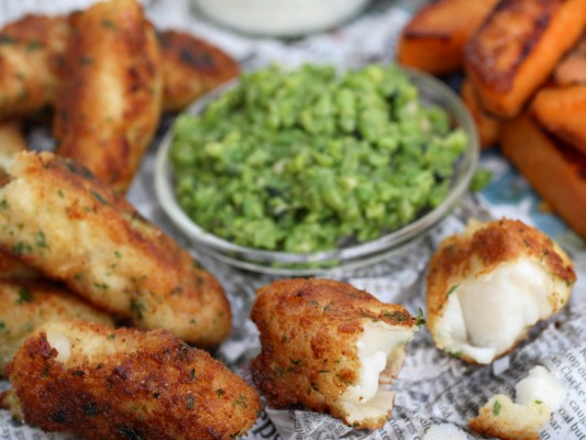 Cod fingers with mushy peas and roasted sweet... | MummyPages.uk