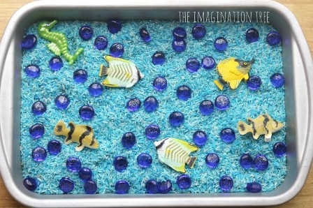 Ocean sensory tray with frozen rice