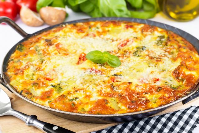 Mushroom and basil omelette, with Mediterranean grilled tomatoes 