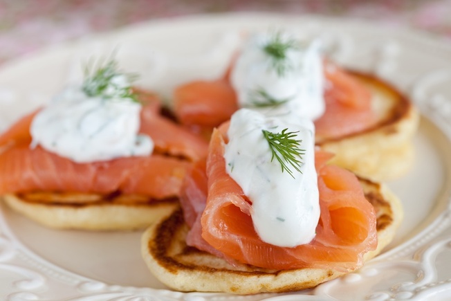 Smoked salmon with crème fraiche pancakes