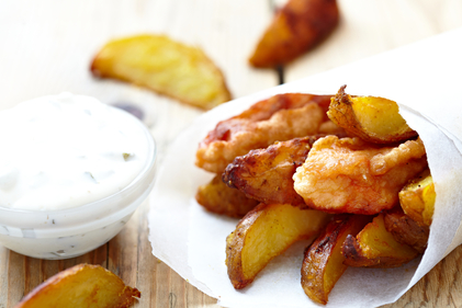 Crispy fish nuggets and sweet potato wedges