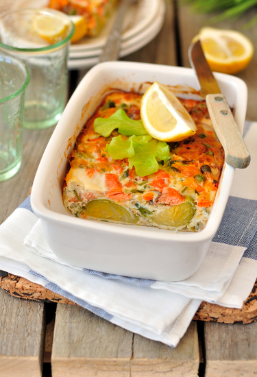 Salmon, pesto and potato tray bake with artichoke hearts