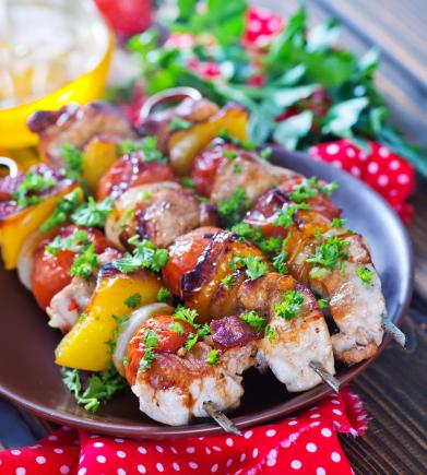 Bacon, vegetable and turkey kebabs 
