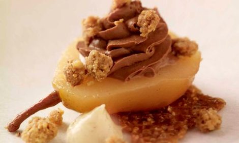 Poached pear, chocolate mousse and oatmeal crumble