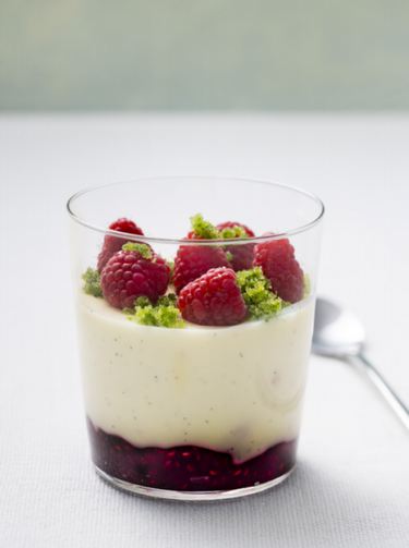 Panna cotta with raspberry jam & basil sugar