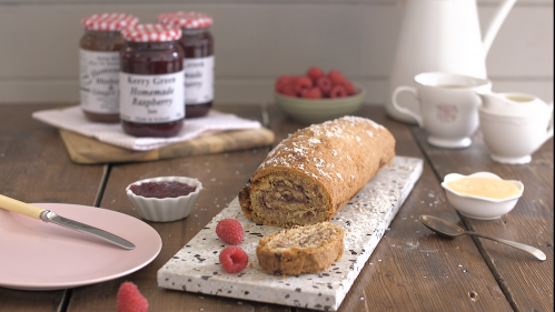 Coconut and raspberry jam roulade